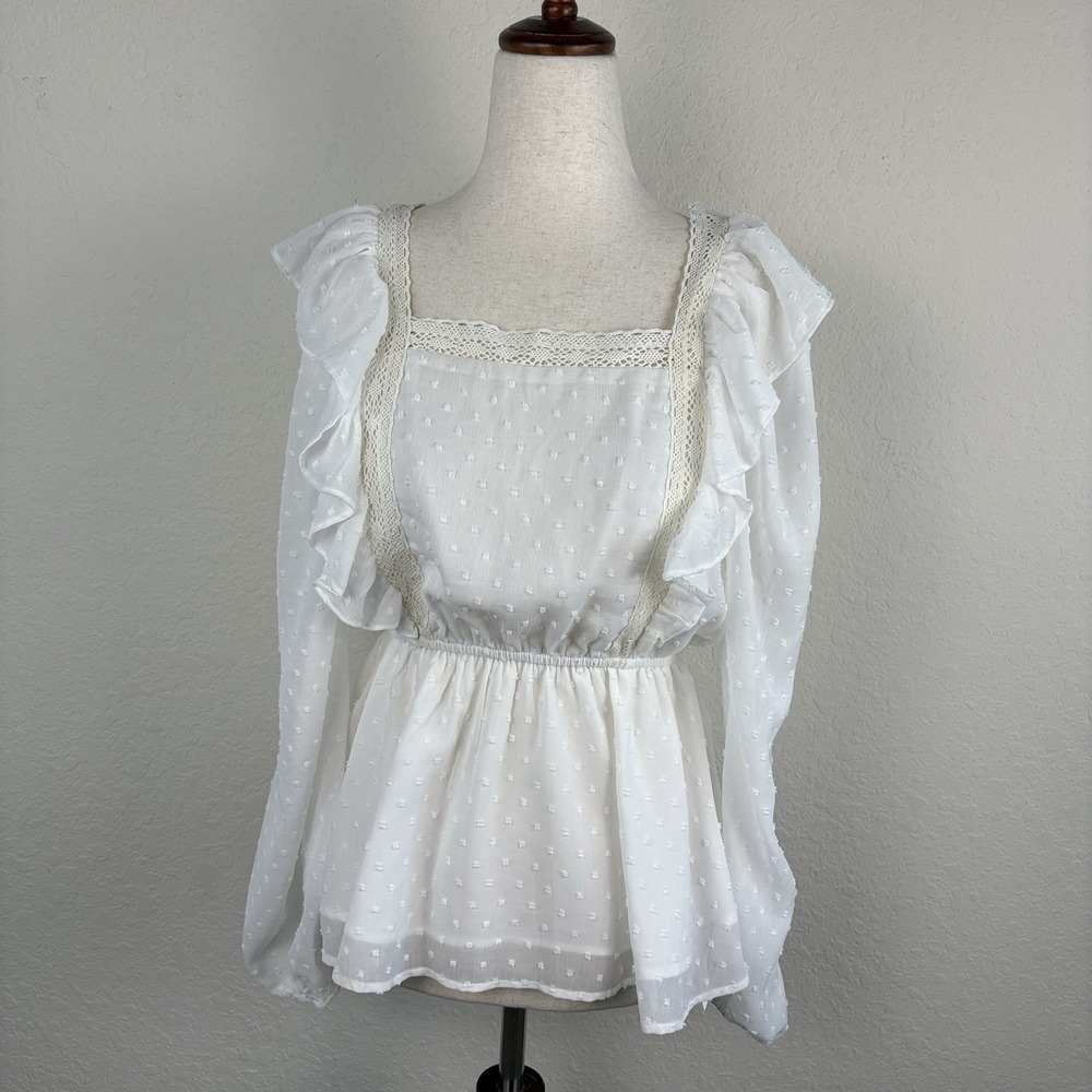 Savannah Jane S Blouse Peplum Cottagecore Lace Trim Prairie Boho White